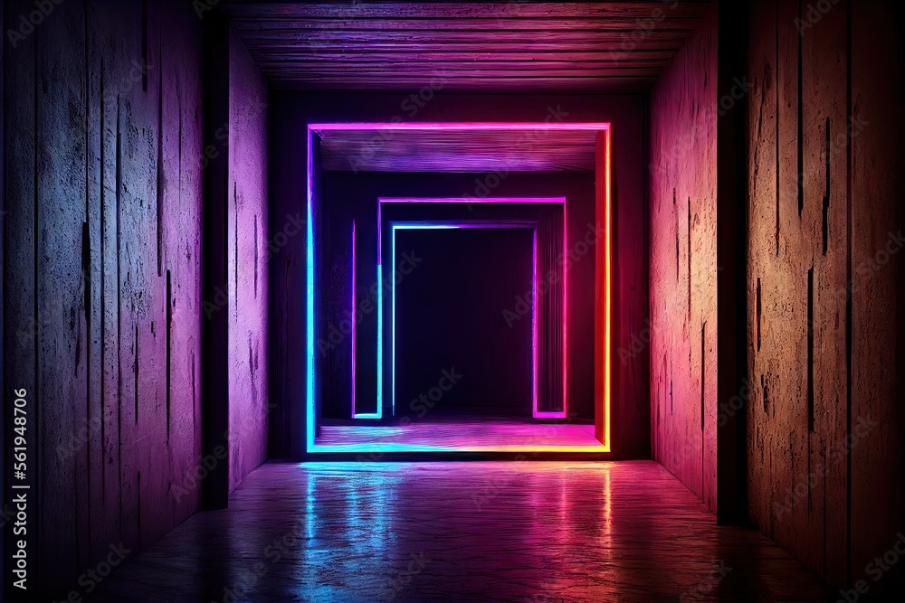 Neon Laser Cyber Purple Red Blue Square Frame Lights On Medieval Wood Grunge Tunnel Corridor Concrete Glossy Cement Floor Showroom Club Dark Stage 3D Rendering. AI generated art illustration.	
