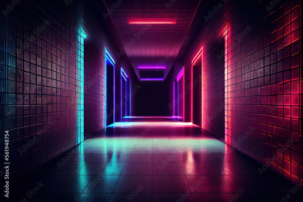 Neon Laser Cyber Purple Red Blue Square Frame Lights On Medieval Wood Grunge Tunnel Corridor Concrete Glossy Cement Floor Showroom Club Dark Stage 3D Rendering. AI generated art illustration.	
