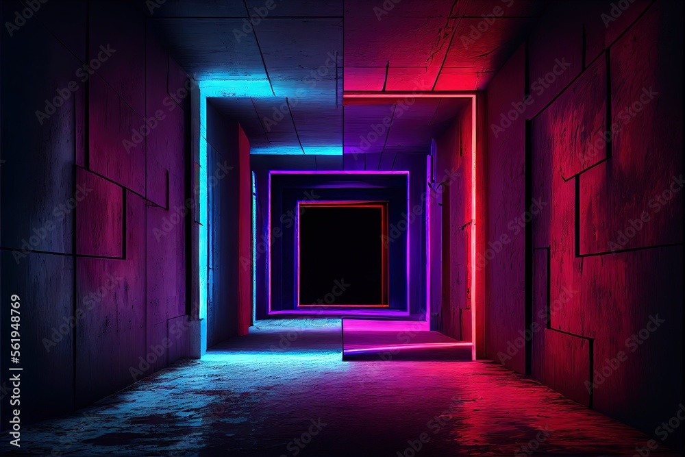 Neon Laser Cyber Purple Red Blue Square Frame Lights On Medieval Wood Grunge Tunnel Corridor Concrete Glossy Cement Floor Showroom Club Dark Stage 3D Rendering. AI generated art illustration.
Neon Laser Cyber Purple Red Blue Square Frame Lights On Medieval Wood Grunge Tunnel Corridor Concrete Glossy Cement Floor Showroom Club Dark Stage 3D Rendering. AI generated art illustration.