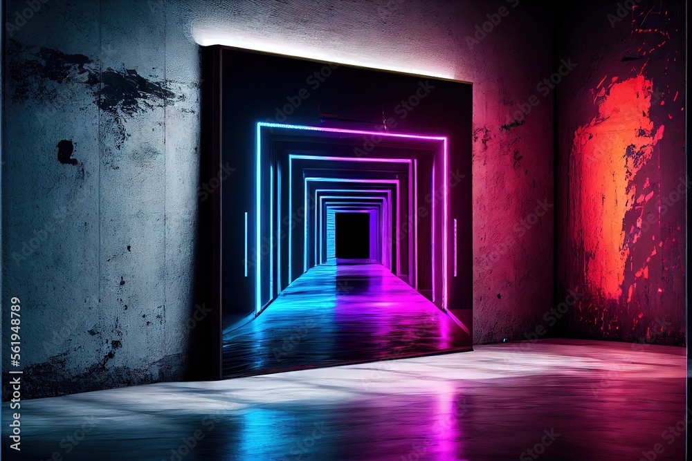 Neon Laser Cyber Purple Red Blue Square Frame Lights On Medieval Wood Grunge Tunnel Corridor Concrete Glossy Cement Floor Showroom Club Dark Stage 3D Rendering. AI generated art illustration.
Neon Laser Cyber Purple Red Blue Square Frame Lights On Medieval Wood Grunge Tunnel Corridor Concrete Glossy Cement Floor Showroom Club Dark Stage 3D Rendering. AI generated art illustration.