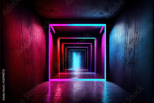 Neon Laser Cyber Purple Red Blue Square Frame Lights On Medieval Wood Grunge Tunnel Corridor Concrete Glossy Cement Floor Showroom Club Dark Stage 3D Rendering. AI generated art illustration.  