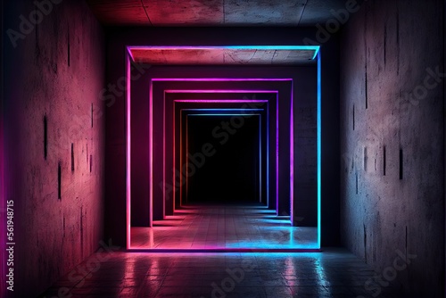 Neon Laser Cyber Purple Red Blue Square Frame Lights On Medieval Wood Grunge Tunnel Corridor Concrete Glossy Cement Floor Showroom Club Dark Stage 3D Rendering. AI generated art illustration. 