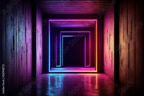 Neon Laser Cyber Purple Red Blue Square Frame Lights On Medieval Wood Grunge Tunnel Corridor Concrete Glossy Cement Floor Showroom Club Dark Stage 3D Rendering. AI generated art illustration.  