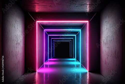 Neon Laser Cyber Purple Red Blue Square Frame Lights On Medieval Wood Grunge Tunnel Corridor Concrete Glossy Cement Floor Showroom Club Dark Stage 3D Rendering. AI generated art illustration.  