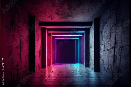 Neon Laser Cyber Purple Red Blue Square Frame Lights On Medieval Wood Grunge Tunnel Corridor Concrete Glossy Cement Floor Showroom Club Dark Stage 3D Rendering. AI generated art illustration.  