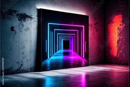 Neon Laser Cyber Purple Red Blue Square Frame Lights On Medieval Wood Grunge Tunnel Corridor Concrete Glossy Cement Floor Showroom Club Dark Stage 3D Rendering. AI generated art illustration.  