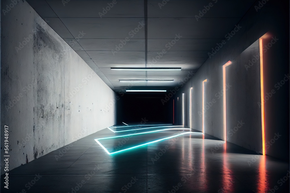 Neon Laser White Lights Hangar Garage Studio Rough Concrete Cement Asphalt Realistic Tunnel Corridor Hallway Showroom Warehouse Basement Spotlight Studio Underground. AI generated art illustration.	