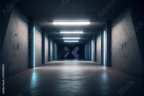 Neon Laser White Lights Hangar Garage Studio Rough Concrete Cement Asphalt Realistic Tunnel Corridor Hallway Showroom Warehouse Basement Spotlight Studio Underground. AI generated art illustration. 