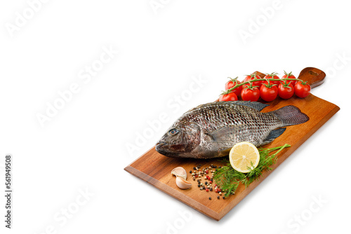 Raw fish Tilapia with spices and herbs ingredients for cooking, lemon and tomatoes on wooden cutting board isolated on white background with copy space