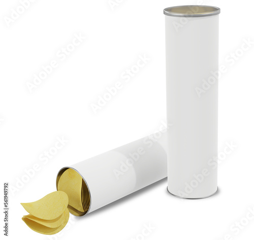 Two white kraft paper snack tubes with potato chips transparent background high quality details - 3d rendering