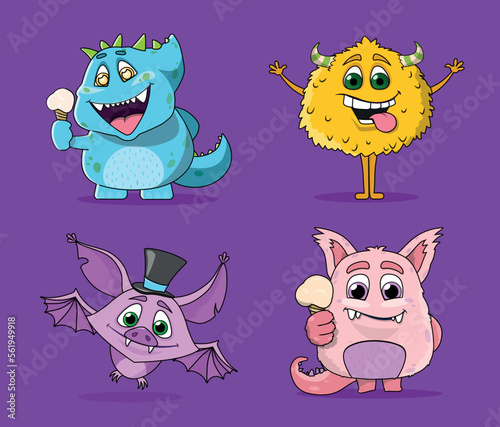 Colorful monsters set. Collection of stickers for social networks. Fictional characters  imagination and fantasy  toys or mascots. Cartoon flat vector illustrations isolated on violet background