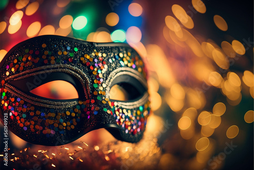 carnival mask background. mardi gras colorful mask, lights costume party, pokeh blur. Generative AI