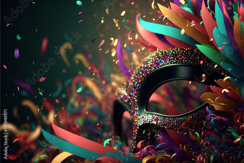 carnival mask on a black background. mardi gras colorful mask, lights costume party confetti. Generative AI © LEMUEL