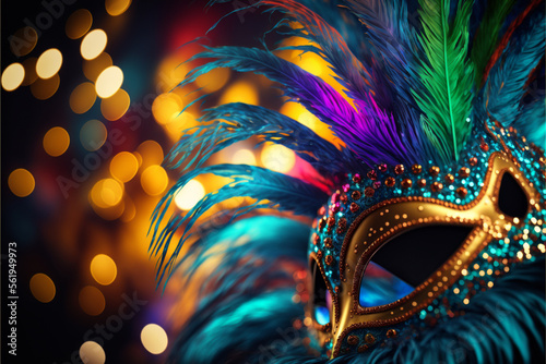 carnival mask on a black background. brazilian party, colorful mask, lights, pokeh blur. Generative AI