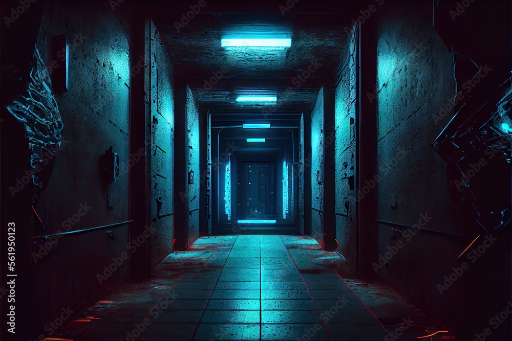 Sci Fi Alien Cyber Dark Hallway Room Corridor Neon Blue Lights On Stands Glossy Concrete Floor Brick Wall Rough Grunge 3D Rendering. AI generated art illustration.	
