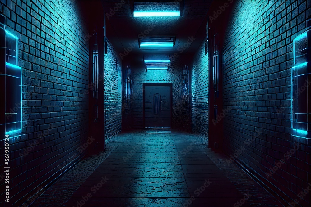 Fototapeta premium Sci Fi Alien Cyber Dark Hallway Room Corridor Neon Blue Lights On Stands Glossy Concrete Floor Brick Wall Rough Grunge 3D Rendering. AI generated art illustration. 