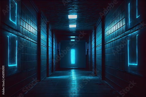 Sci Fi Alien Cyber Dark Hallway Room Corridor Neon Blue Lights On Stands Glossy Concrete Floor Brick Wall Rough Grunge 3D Rendering. AI generated art illustration.   © Дима Пучков