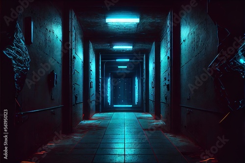Sci Fi Alien Cyber Dark Hallway Room Corridor Neon Blue Lights On Stands Glossy Concrete Floor Brick Wall Rough Grunge 3D Rendering. AI generated art illustration.  