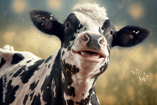 AI generative illustration of happy smiling cow on blurred background.