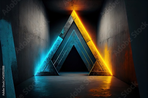 Sci Fi Futuristic Cyber Neon Triangles Glowing Blue Yellow Laser Lights Behind Frosted Glass Panels In Dark Grunge Cement Concrete Underground Tunnel Corridor Studio. AI generated art illustration.	