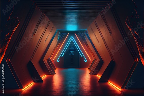 Sci Fi Futuristic Hallway Showcase Stage Room Big Triangle Alien Blue Light Cables Orange Neon Back Lights Rough Grunge Underground 3D RenderingAI generated art illustration.	
