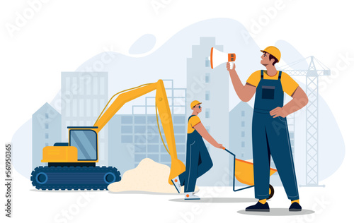 Construction work concept. Man in helmet with loudspeaker and young guy with cart next to tractor. Urban architecture, repairmen and workers. Poster or banner. Cartoon flat vector illustration