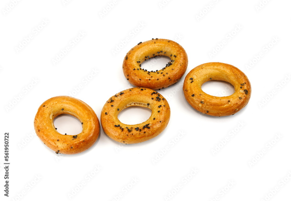 Bagels with poppy seeds on a white background. Poppy seeds bagel isolated.