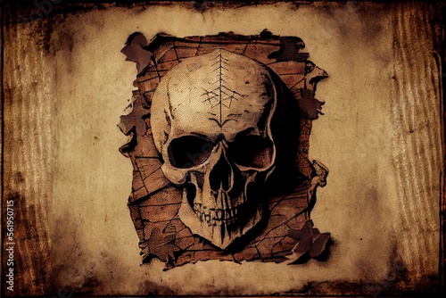 Skull and crossbones. Pirate old fabric with one patche texture. AI generated art illustration.