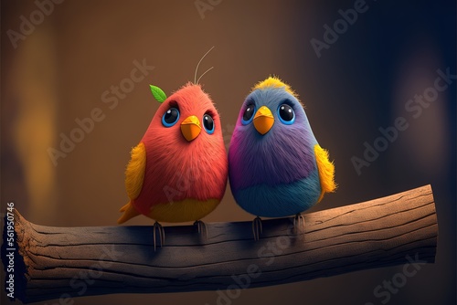 Cute Cartoon Lovebirds on a Branch (Generative AI) photo