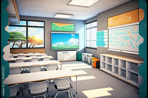 Classroom with interactive whiteboards and projectors, created with Generative AI technology