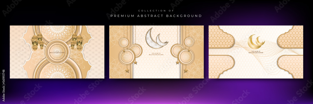 Set of Abstract gold islamic ramadan background with ramadan theme, with illustrations of mosques, moon, mandala and lanterns. Arabic style arch in beige color with traditional pattern.