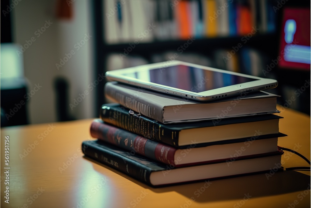 Stack of textbooks on a desk in a library, created with Generative AI technology Stack of textbooks on a desk in a library, created with Generative AI technology