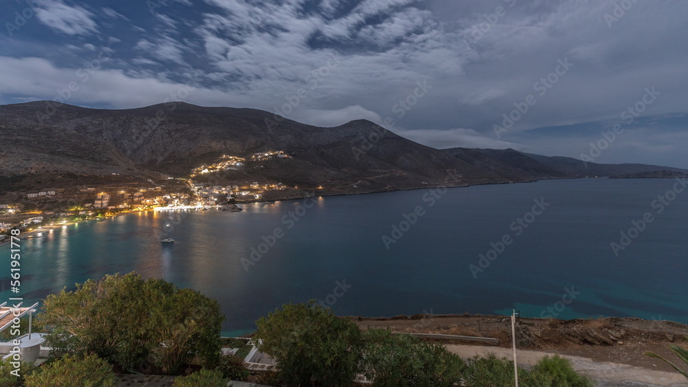 Panorama of Amorgos island night timelapse from above. Greece