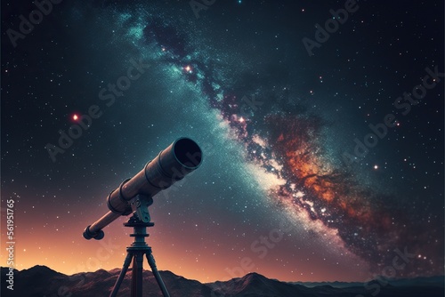 Telescope pointing at the night sky, created with Generative AI technology