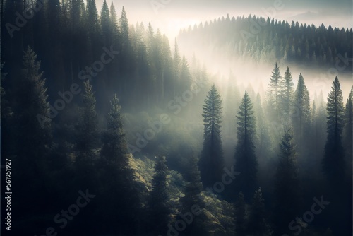 Forest landscape view from above. foggy forest.. Generative AI