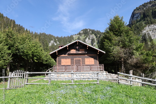 View on house in the Corbier Pass which is a French Alpine pass located in Haute-Savoie department  photo