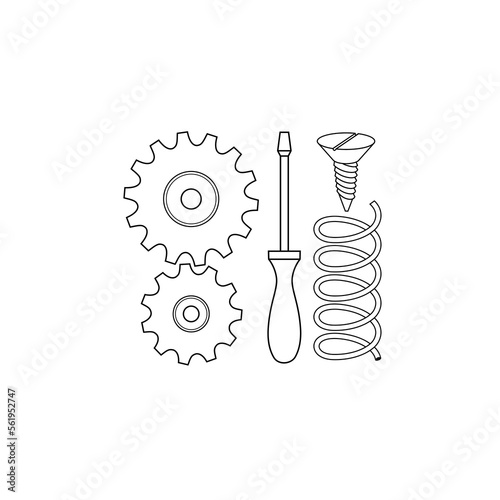 Line art black and white simple toolkit set. Handyman tool for home repair. Construction themed vector illustration for icon, logo, sticker, patch, label, sign, badge, certificate or flayer decoration