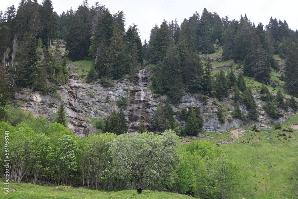 View on a waterfall just next to the Lake of Montriond in the Haute-Savoie department of France