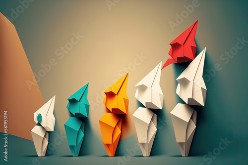 Reaching higher and success transformation or Transform and rise to succeed or improving concept and leadership in business through innovation or evolution with paper origami changed for the better photo