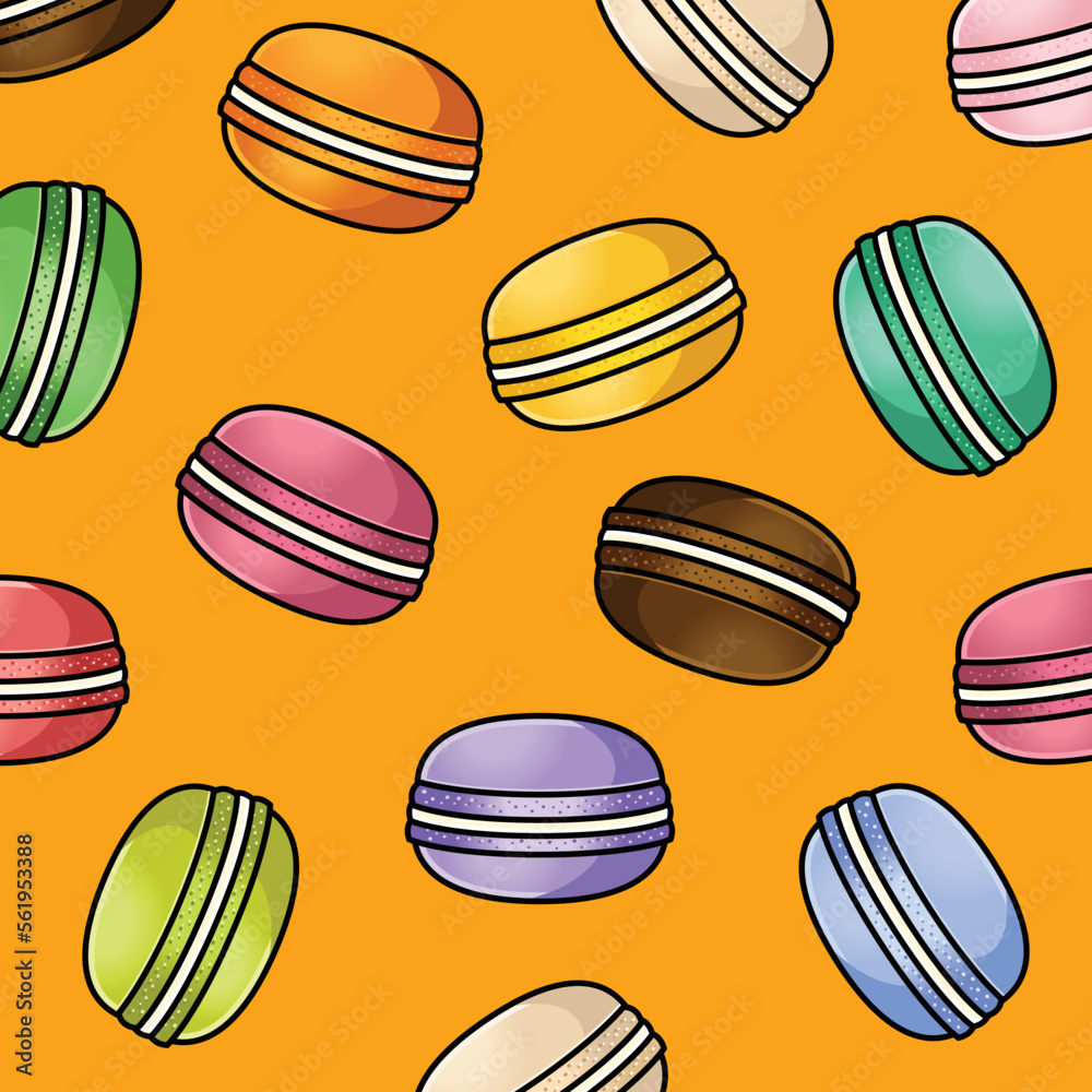 Dessert french macaroons or macaron. Seamless vector pattern for paper, wrapping, fabrics. cartoon flat design illustration art pastel colors on colorful background.