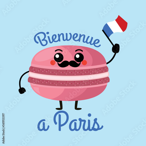 Welcome to Paris, Cute macaroons cartoon illustration, Flat vector illustration design isolated on background. Greeting card design