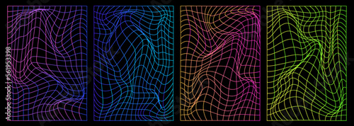 Set of distorted vertical  neon grid pattern. Retrowave, synthwave, rave, vaporwave. Blue, black, pink purple colors. Trendy retro 1980s, 90s, 2000s style. Print, poster, banner.	
