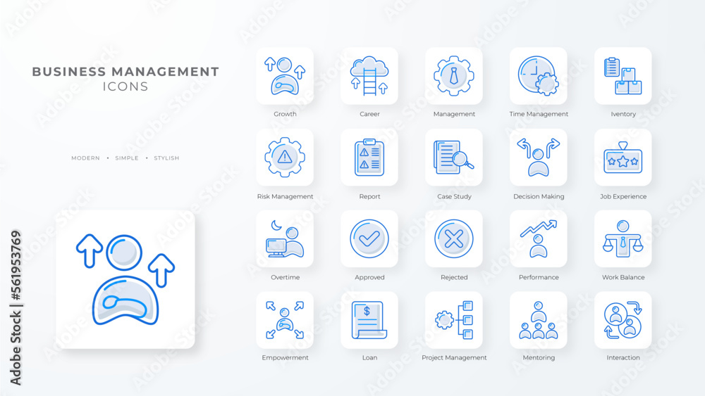 Business management icon collection with blue outline style. office, teamwork, meeting, strategy, professional, manager, corporate. Vector Illustration