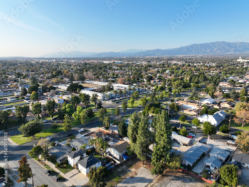Aerial view of Ontario city in California with mountains in the background, California, USA