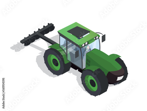 Isometric farm green tractor. Inventory for harvesting from fields and its transportation, logistic. Farming and agriculture, village. Graphic element for website. Cartoon 3d vector illustration