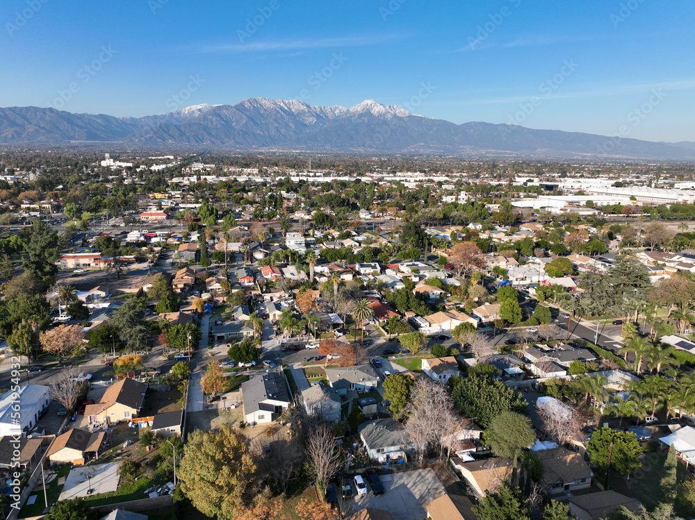 Aerial view of Ontario city in California with mountains in the background, California, USA
