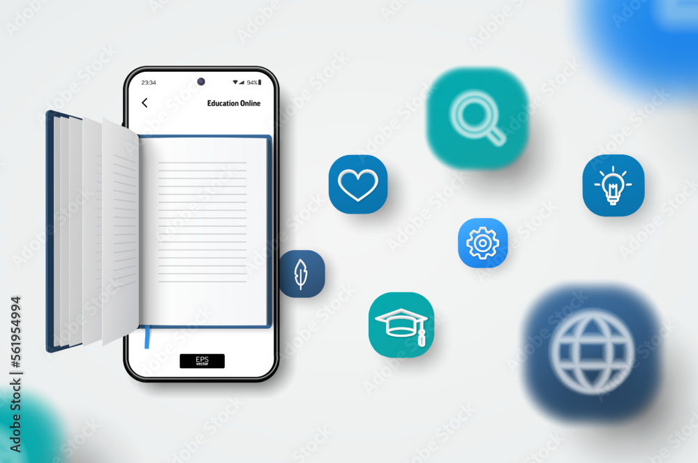Digital literature, learn, read online concept. Realistic smartphone, open book. 3d icons fly over screen. Education, Knowledge, Electronic library application design. Vector background, blur effect.