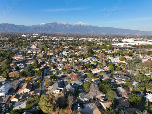 Obraz na płótnie Aerial view of Ontario city in California with mountains in the background, California, USA w salonie