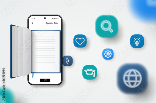 Digital literature, learn, read online concept. Realistic smartphone, open book. 3d icons fly over screen. Education, Knowledge, Electronic library application design. Vector background, blur effect.