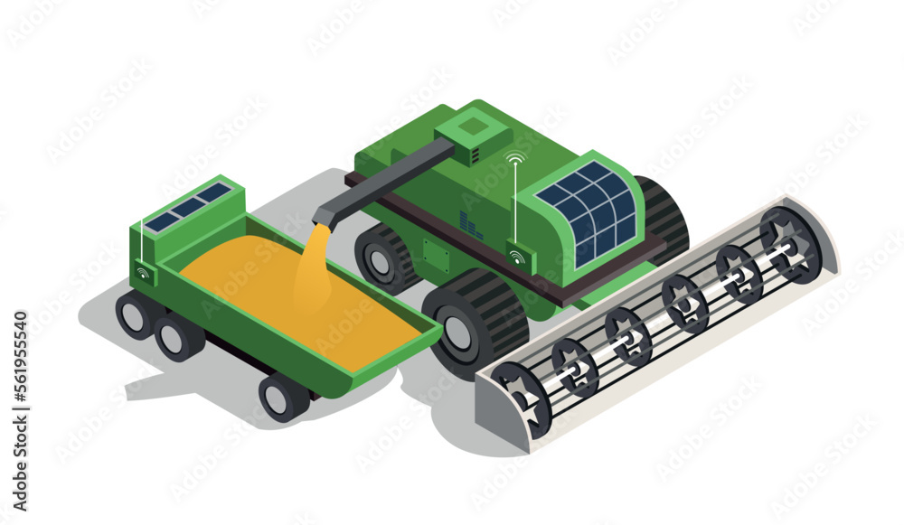 Fototapeta premium Isometric farm grain truck. Automation and innovation in farming. Processing and harvesting. Vehicles for collecting and storing wheat. Countryside and village. Cartoon 3d vector illustration